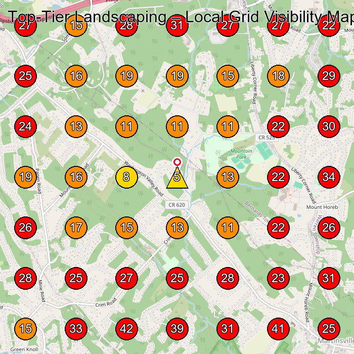 Top-Tier Landscaping GeoGrid visibility map for Lawn Care Service in Millington